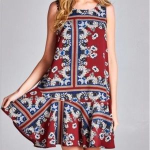 Burgundy and blue dress with ruffle